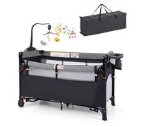 DREAMADE 5 en 1 Lit Parapluie Bébé 125x65x78CM avec Matelas,Lit Cododo Tout-Petites 0-3 Ans avec Hauteur Réglable,Boîte à Musique,Roues avec Freins,Table à Langer,Porte-Couches,Jouets (Nouveau, Noir)