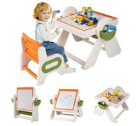 DREAMADE 9 en 1 Table d'Activités pour Enfants, Bureau Enfants Pliable avec Plateau Réversible, 1 Table avec 2 Chaises, 2Paniers pour Crayons, Biblioteque pour 18+ Mois (Orange)