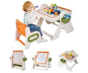 DREAMADE 9 en 1 Table d'Activités pour Enfants, Bureau Enfants Pliable avec Plateau Réversible, 1 Table avec 2 Chaises, 2Paniers pour Crayons, Biblioteque pour 18+ Mois (Orange)