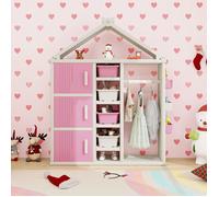 DREAMADE Armoire à Vêtements pour Enfants, Portant en Forme de Maison avec Barre, 4 Étagères Ouvertes avec 3 Compartiments, Rose