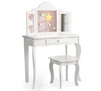 DREAMADE Coiffeuse Princesse 2 en 1 Enfants avec Tabouret,Table de Maquillage en MDF et Bois de Pin avec Tiroir&Miroir Pliant (Blanc)