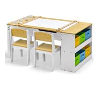 DREAMADE Ensemble Table d'Art et 2 Chaises pour Enfants, Bureau à Dessin avec Plateau Pliant, 6 Boîtes de Rangement, Bac à Peinture