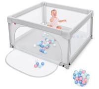 DREAMADE Parc Bébé, Centre D'activités Enfant Grille de Protection, Trou du Jeu Zippé, 50 Boules, Base Antidérapante, Gris