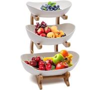 Dreamhigh® Corbeille a Fruit 3 Etages en Céramique, Domestique Stable et Non Tremblante, Panier de Legumes avec support en bois résistant pour la décoration de cuisine-(Blanc)