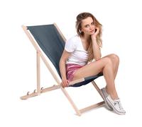 DreamRoots Bain de Soleil Transat Bois Aspect Lin, Ocean Isle | Chaise longue jardin extérieur, chilienne pliable, chaise de plage, bois de hêtre, 130 kg, polyester lavable 220 g/m²