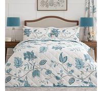 Dreams & Drapes - Couvre-lit Damassé Bleu Sarcelle (200 x 230 cm) - Couette Turquoise et Blanche - Couverture Rembourrée Florale - Style Traditionnel/Vintage