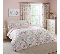 Dreams & Drapes - Couvre-lit Rose Floral et Oiseaux (230 cm x 200 cm) - Motifs réversibles - Couette Florale en Rose - Couvre-Lits matelassés Roses avec imprimés botaniques et Oiseaux printaniers