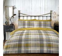 Dreams & Drapes - Housse de Couette cerf à Carreaux Ocre - 230 x 220 cm - 2 taies d'oreiller - 100% Coton brossé Doux - Motifs réversibles - Literie Woodland - Literie cerf forestier en Jaune Ocre