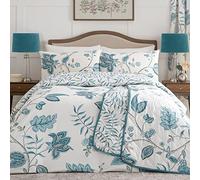 Dreams & Drapes - Housse de Couette Florale Bleu Sarcelle - 260 x 220 cm - 2 taies d'oreiller - Literie damassé Turquoise - Parure de lit Blanc et Bleu - Literie Traditionnelle/Vintage Bleu Sarcelle