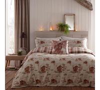 Dreams & Drapes - Housse de Couette Highland Cow - 200 x 200 cm - 2 taies d'oreiller - 100% Coton brossé Doux - Parure de lit à Carreaux Rouges avec Vaches - Parure de lit Woodland en Rouge