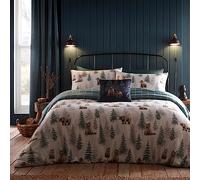 Dreams & Drapes Woodland Bear Parure de lit - Super King Size 260x220cm - Flanelle 100% Coton Brossé - Réversible - Carreaux Verts & Arbres - 2 Taies d'oreiller - Automne/Hiver