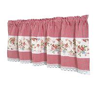 Dreamskull Rideau Brise-bise Style Maison de Campagne Moderne Opaque Court Rideau de Cuisine - Passe-Tringle avec Fleurs Dentelle 150 cm de Large Motif à Carreaux pour Petites fenêtres