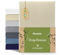 Dreamzie - Drap Housse 180/200x200 cm - 100% Coton Bio - Hypoallergénique | Beige · Bonnet 32cm · Certifié Oeko Tex et GOTS · Jersey · Coton peigné 150GSM · Lavable à 60°C · Lit 2 personnes · King Size