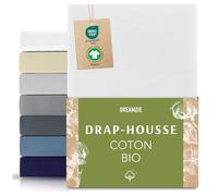 Dreamzie - Drap Housse 180/200x200 cm - 100% Coton Bio - Hypoallergénique | Blanc · Bonnet 32cm · Certifié Oeko Tex et GOTS · Jersey · Coton peigné 150GSM · Lavable à 60°C · Lit 2 personnes · King Size