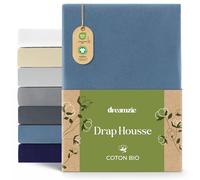 Dreamzie - Drap Housse 180/200x200 cm - 100% Coton Bio - Hypoallergénique | Bleu · Bonnet 32cm · Certifié Oeko Tex et GOTS · Jersey · Coton peigné 150GSM · Lavable à 60°C · Lit 2 personnes · King Size