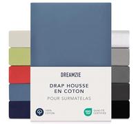 Dreamzie Drap Housse Surmatelas 140x200 cm - 160x200 cm, Jersey 100% Coton, Hauteur De Surmatelas Jusqu'à 15 cm, Hypoallergénique, Oeko-Tex, Bleu