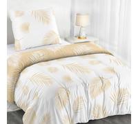 Dreamzie Housse de Couette 140x200 cm avec 1 Taie d'oreiller 65x65 cm, Motif Feuilles de Palmier Tropicales Beige Blanc, Parure de Lit en Microfibre 140x200 avec Fermeture Éclair, Oeko TEX