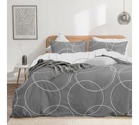 Dreamzie Housse de Couette 155x220 cm avec 2 Taies d'oreiller 80x80 cm, Motif Rond Gris/Blanc, Parure de Lit 155x220 avec Fermeture Éclair, Linge de Lit, Oeko TEX
