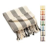 DremFreo Serviette de Plage Coton Fouta de Plage Rayures Tissées sur Fond Blanc Cassé Léger Séchage Rapide 100 x 180 cm Paréo Plage, Yoga, Voyage, Piscine (1, Gris)