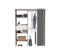 BALI - Dressing avec rideau, 4 étagères, 2 penderies et un tiroir bois et blanc