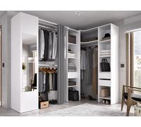 Dressing d'angle avec rideau et 1 porte - Avec miroir - L231 cm - Blanc et gris - BERTRAND