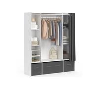 IDMARKET Dressing double penderie DIANE 140 x 45 x 167 cm blanc avec étagères + boites de rangement + rideau gris