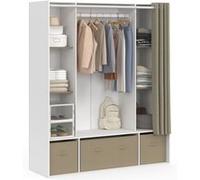 IDMarket - Dressing Double penderie Diane 140 x 45 x 167 cm Blanc avec étagères + boites de Rangement + Rideau Taupe