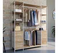 IDMarket – Dressing UTAH double penderie et colonne L.140 cm 6 étagères 6 bacs tissu bois/blanc