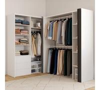IDMARKET Dressing extensible d'angle MARLON 200 x 150 x 180 cm cm blanc avec penderies + tiroirs + étagères + rideaux gris