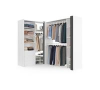 IDMARKET Dressing extensible d'angle MARLON 200 x 150 x 180 cm cm blanc avec penderies + tiroirs + étagères + rideaux gris