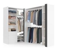 Dressing extensible d'angle MARLON 200 x 150 x 180 cm cm blanc avec penderies + tiroirs + étagères + rideaux gris Blanc