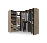 IDMarket - Dressing extensible d'angle MARLON 200 x 150 x 180 cm hêtre avec penderies + tiroirs + étagères + rideaux noirs
