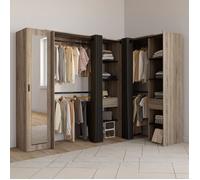 Dressing extensible d'angle MARLON 230 x 140 x 180 cm cm hêtre avec penderies + étagères + miroir + rideaux noirs