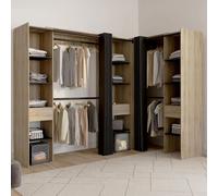 Dressing extensible d'angle MARLON 230 x 140 x 180 cm cm hêtre avec penderies + étagères + rideaux noirs