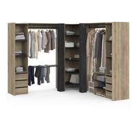 Dressing extensible d'angle MARLON avec porte pantalon bois/noir | 220 x 220 x 180 cm, hêtre avec 3 penderies + 1 porte pantalon + 14 étagères + 6 tiroirs + 2 rideaux noirs