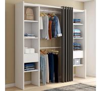 Dressing extensible double MERYL 120/180 x 50 x 180 cm blanc avec étagères + double penderie + rideau gris