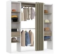 IDMarket Dressing extensible MERYL double 120/180×50×180 cm blanc, étagères hêtre, rideau taupe