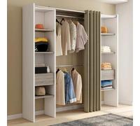 IDMarket - Dressing extensible double MERYL 120/180 x 50 x 180 cm blanc avec étagères hêtre + double penderie + rideau taupe