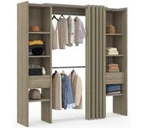 IDMarket - Dressing extensible double MERYL 120/180 x 50 x 180 cm hêtre avec étagères + double penderie + rideau taupe