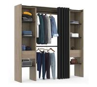 Dressing extensible double MERYL 120/180 x 50 x 180 cm hêtre avec étagères hêtre + double penderie + rideau noir