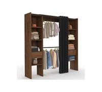 IDMarket - Dressing extensible double MERYL 120/180 x 50 x 180 cm noyer avec étagères + double penderie + rideau noir
