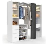 Dressing extensible double XXL MERYL 120/180 cm blanc avec tiroirs + étagères + penderie + rideau gris Blanc