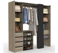 IDMarket - Dressing extensible double XXL MERYL 120/180 cm hêtre avec tiroirs + étagères + penderie + rideau noir