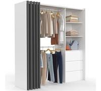 Dressing extensible MARTY 120/170 x 50 x 180 cm blanc avec 3 tiroirs + étagères + double penderie + rideau gris Blanc