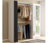 Dressing extensible MARTY 120/170 x 50 x 180 cm blanc avec étagères + double penderie + miroir + rideau gris