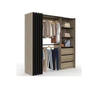 IDMarket – Dressing extensible MARTY 120/170x50x180 cm hêtre 3 tiroirs, double penderie, rideau noir