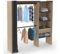 Dressing extensible MARTY 120/170 x 50 x 180 cm hêtre avec étagères + double penderie + rideau noir Noir G