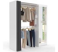 Dressing extensible MARTY 120/170 x 50 x 180 cm blanc avec étagères + double penderie + miroir + rideau gris