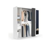 IDMarket - Dressing extensible MERYL 145/170 x 50 x 180 cm blanc avec étagères + double penderie + miroir + rideau gris