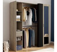 IDMarket Dressing extensible MERYL 145/170x50x180cm hêtre double penderie miroir rideau noir